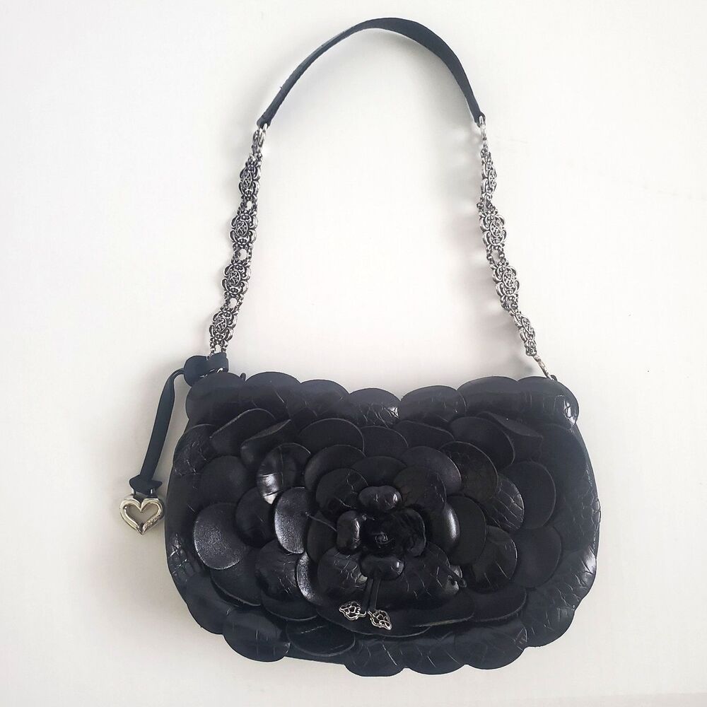 Brighton Women's Rosalie Mini Bag Black Leather Floral Rosette Chain Strap